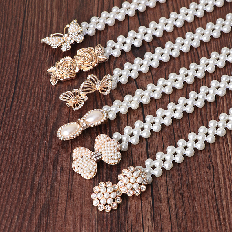Ladies' rhinestone pearl waist chain fashionable dress decorated with elastic belt, sweet flower elastic waist seal for women thumbnail