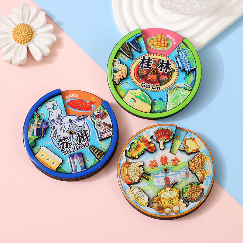 Factory direct sales and customized production of wooden three-layer resin rotatable circular magnetic stickers for city tourism souvenirs refrigerator stickers
