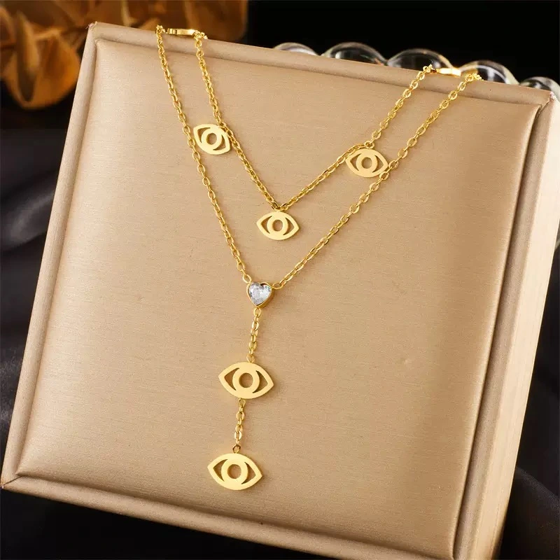 Multi-layer gold-plated glossy butterfly clover heart pendant, fashionable and niche design, stainless steel necklace, non-fading color necklace detail image 5