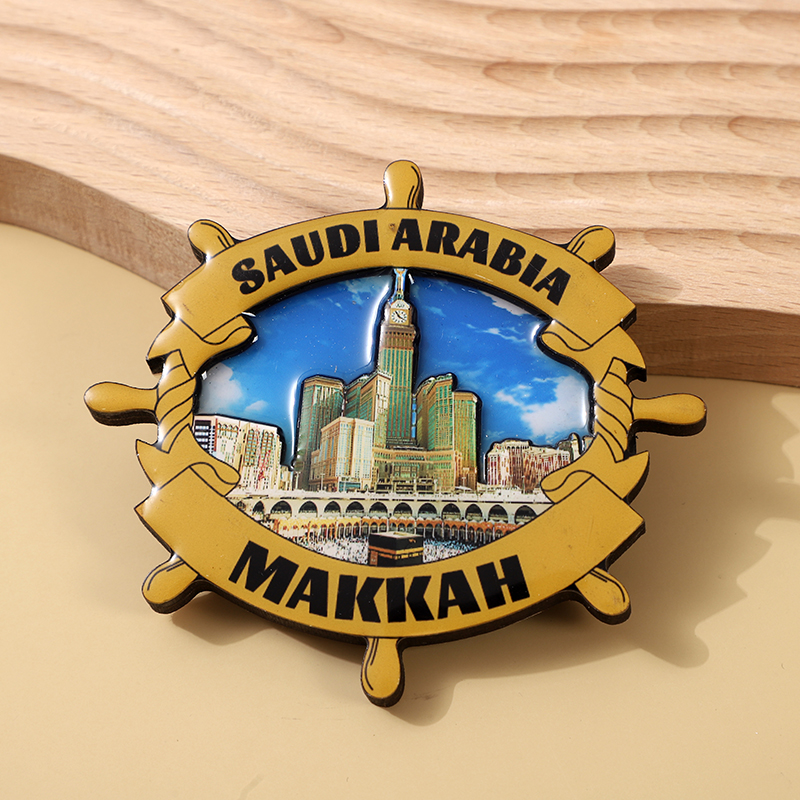 Two-layer rubberized wood fridge magnets for city tourism souvenirs from MAKKAH, Saudi Arabia, the original manufacturer Specification image