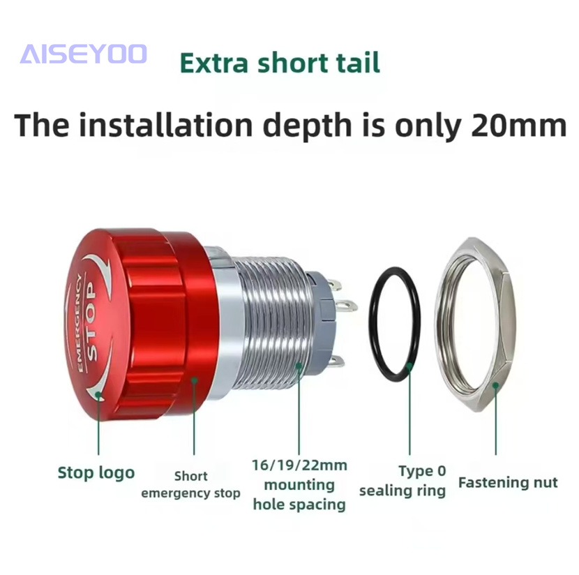 16/19/22mm metal emergency STOP button, mushroom head emergency switch, self-locking stop, ultra-short power supply, one-on-one-off, stainless steel mushroom head switch power supply, emergency stop button stop Specification image