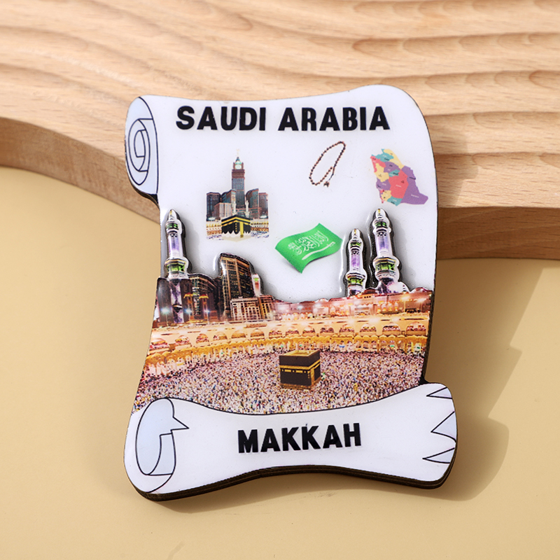 Two-layer rubberized wood fridge magnets for city tourism souvenirs from MAKKAH, Saudi Arabia, the original manufacturer details Picture