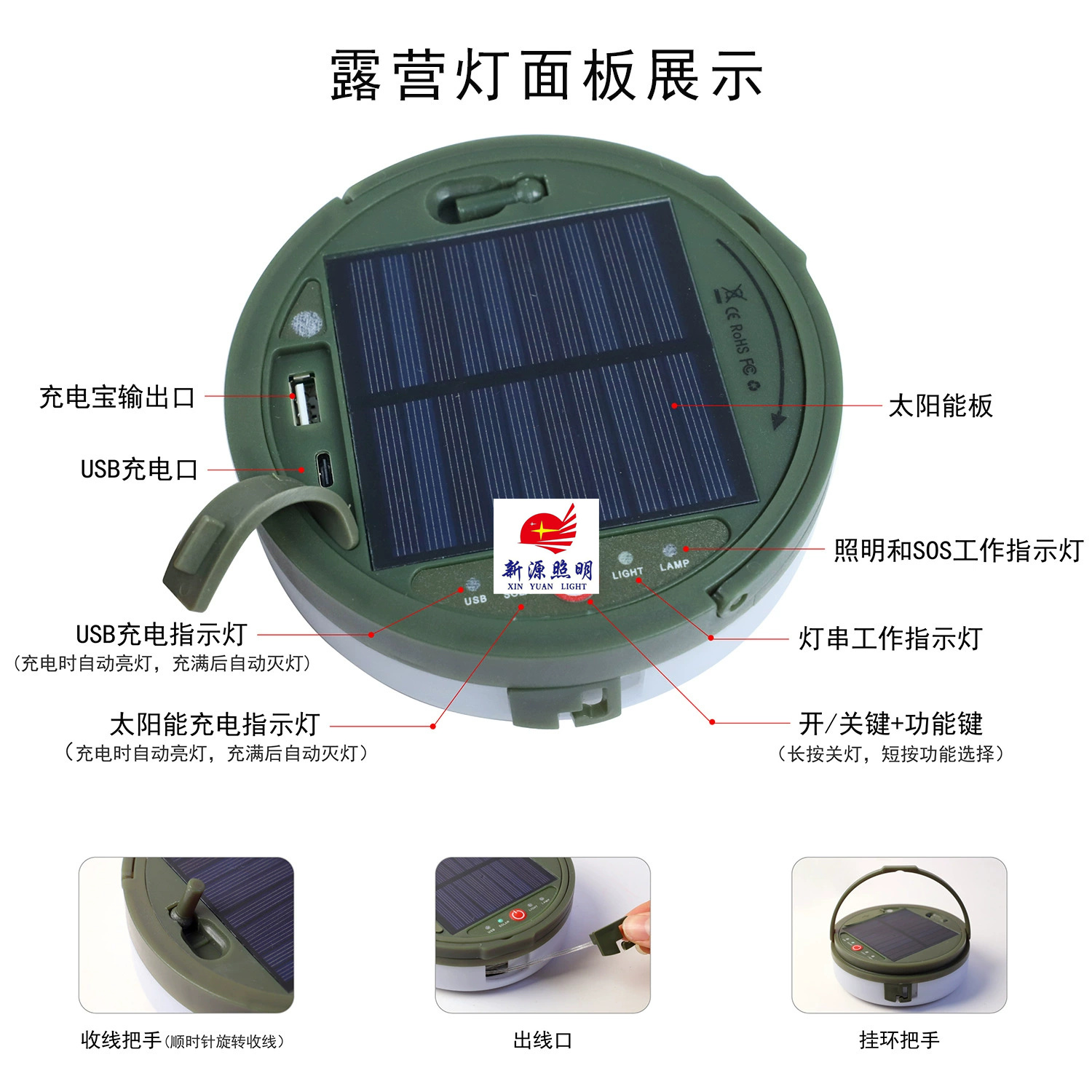 Solar-powered outdoor camping lights, tents, emergency atmosphere lights, lighting fixtures, tape measures, storage camping light strings Application Scenario