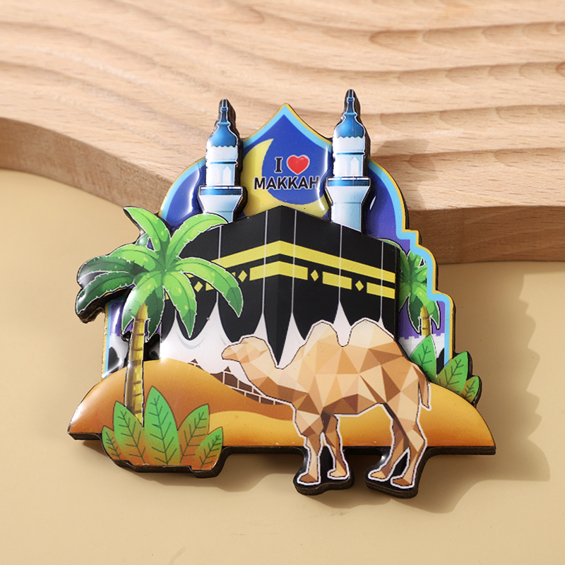 Two-layer rubberized wood fridge magnets for city tourism souvenirs from MAKKAH, Saudi Arabia, the original manufacturer Application Scenario