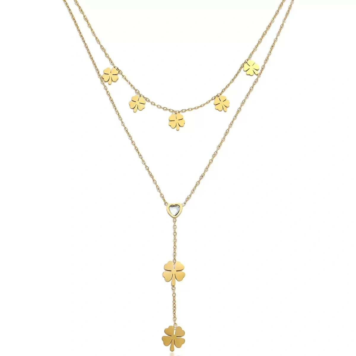 Multi-layer gold-plated glossy butterfly clover heart pendant, fashionable and niche design, stainless steel necklace, non-fading color necklace detail image 2