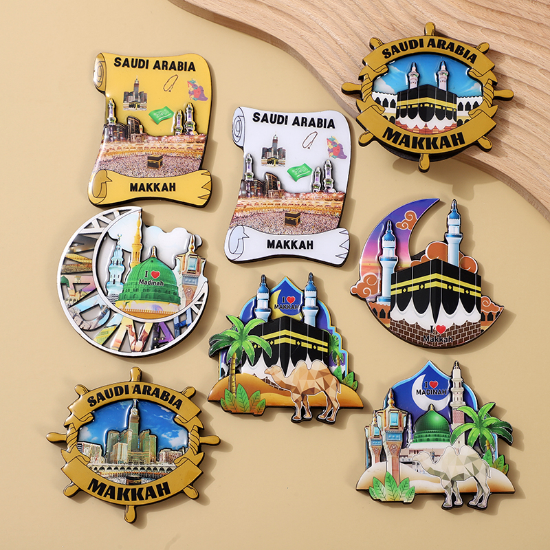 Two-layer rubberized wood fridge magnets for city tourism souvenirs from MAKKAH, Saudi Arabia, the original manufacturer