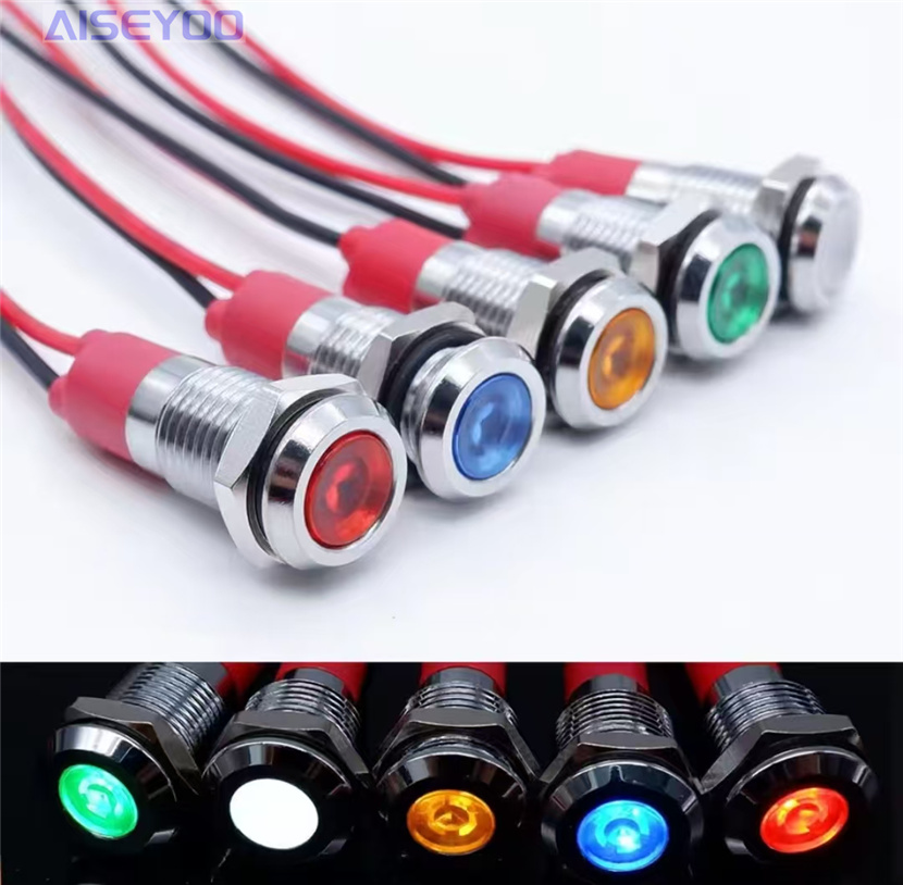 LED metal indicator light 6mm/8/12mm high-brightness power signal light 5V, 12V, 24V, 220V LED light-emitting waterproof metal wired power working signal light indicator light
