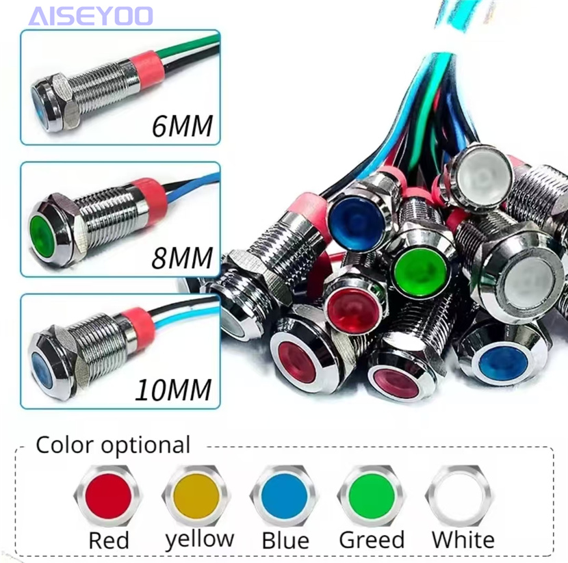 LED metal indicator light 6mm/8/12mm high-brightness power signal light 5V, 12V, 24V, 220V LED light-emitting waterproof metal wired power working signal light indicator light Item Picture
