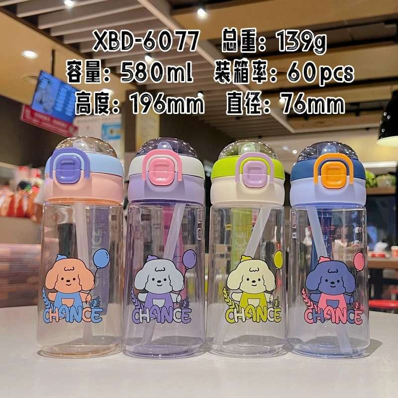 X152-XBD-6077 580ML Summer simple plastic cup cartoon dog large capacity handy cup Cute portable student straw cup Internet celebrity girl Specification drawing