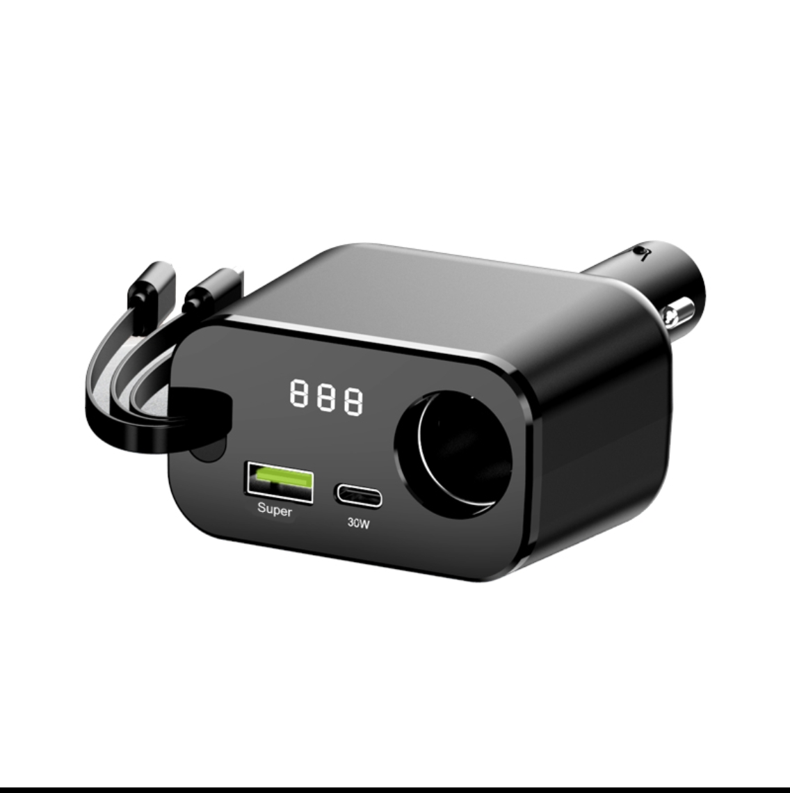 Multi-functional car one-to-three fast charging cable +A+C fast charging + cigarette lighter + digital display car charger Item Picture