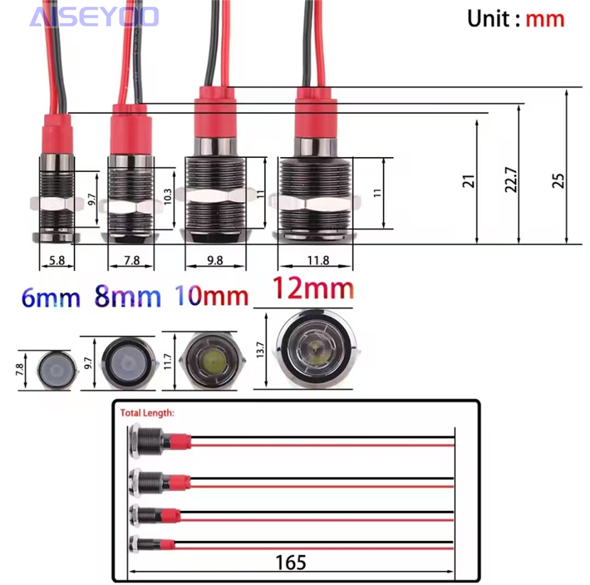 LED metal indicator light 6mm/8/12mm high-brightness power signal light 5V, 12V, 24V, 220V LED light-emitting waterproof metal wired power working signal light indicator light details Picture