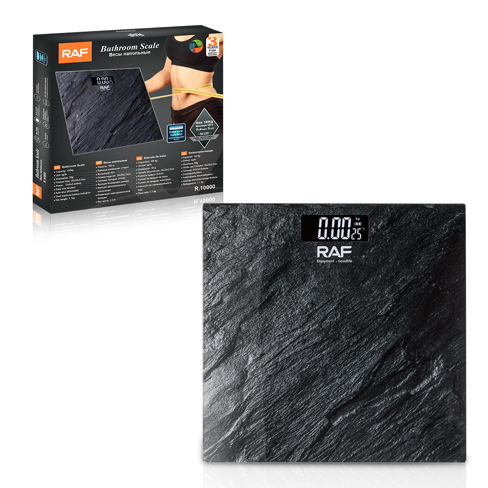 RAF多功能电子秤家用电池款跨境体脂秤钢化玻璃人体秤称重计产品图