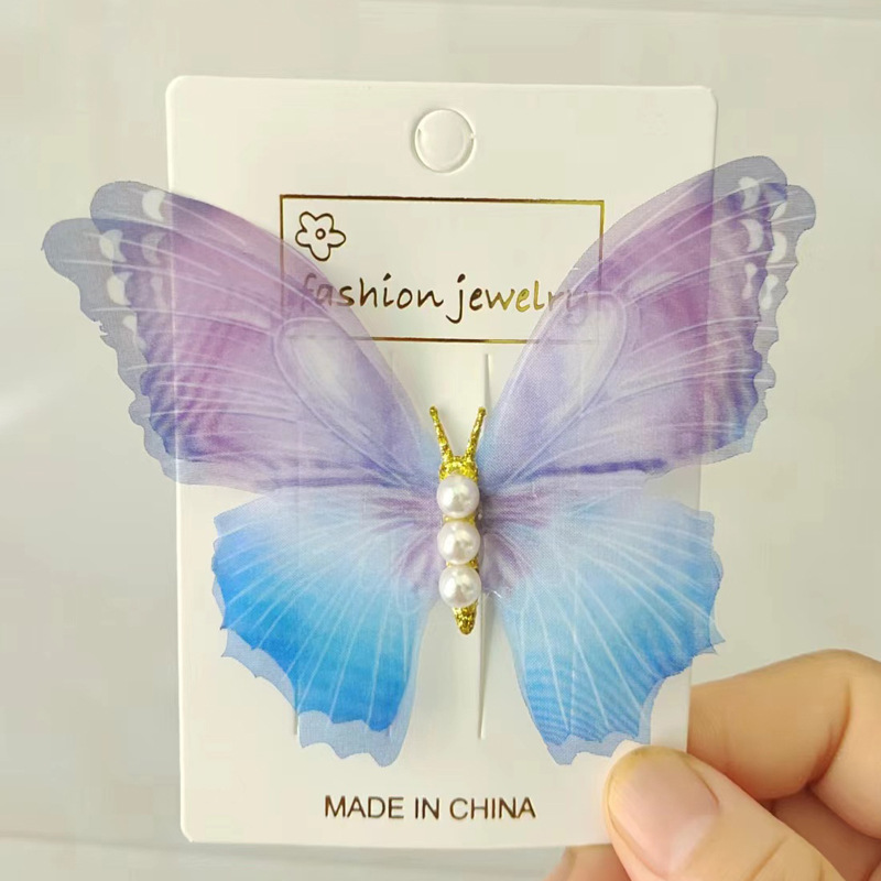 Ethereal and dynamic chiffon butterfly hair clips for women taking photos, forest-themed retro high-end side clips, pearl elegant hair accessories wholesale, hair clips, hair accessories, headwear Specification image