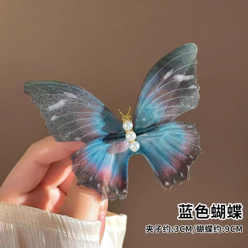 Ethereal and dynamic chiffon butterfly hair clips for women taking photos, forest-themed retro high-end side clips, pearl elegant hair accessories wholesale, hair clips, hair accessories, headwear detail image 3