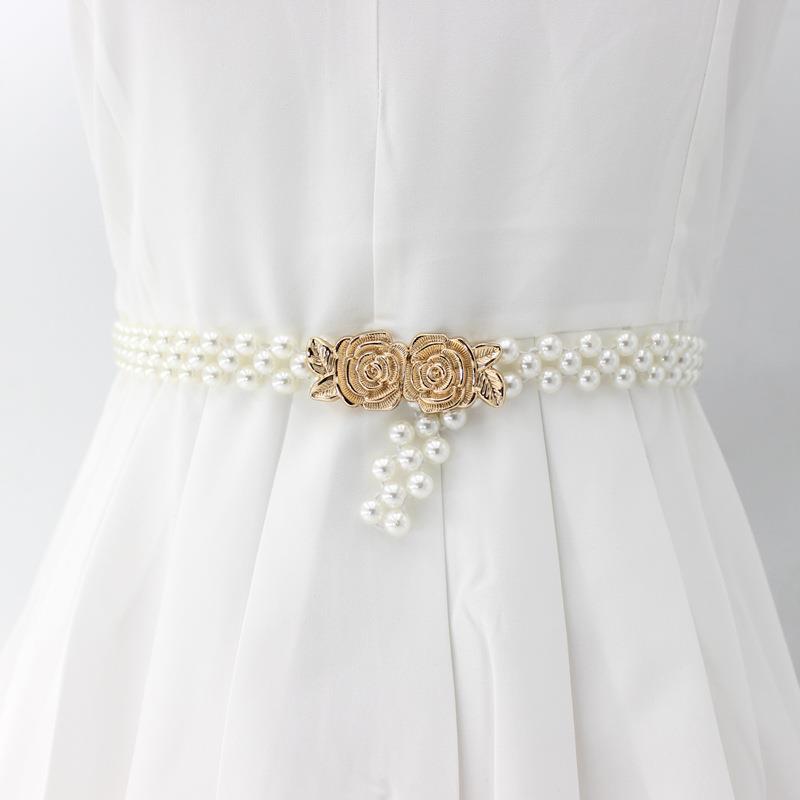 Pearl waist chain for women, fashionable rhinestone pearl elastic elastic, summer versatile dress sweater belt details Picture