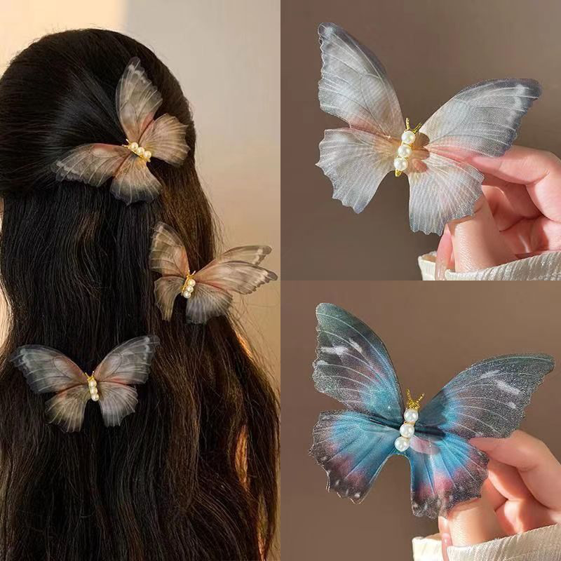 Ethereal and dynamic chiffon butterfly hair clips for women taking photos, forest-themed retro high-end side clips, pearl elegant hair accessories wholesale, hair clips, hair accessories, headwear
