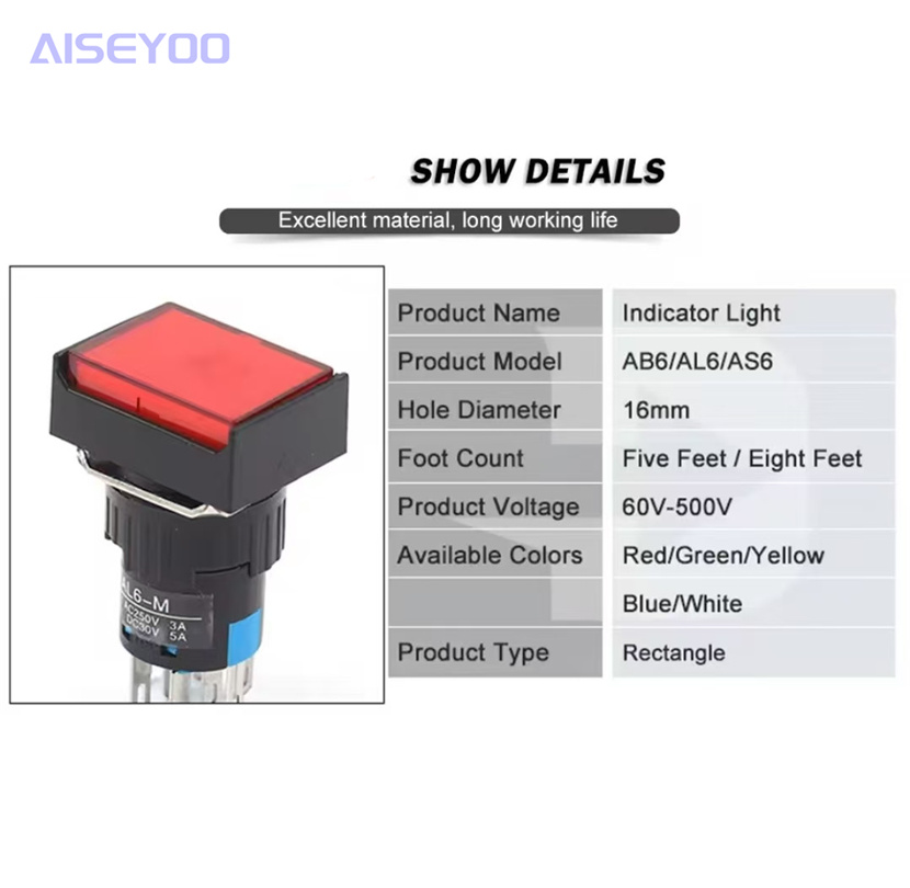 Self-resetting button switch with light, rectangular button switch with light but no lock, emergency stop switch, self-locking/lock-free, adjustable push-break, threaded slot type button switch details Picture