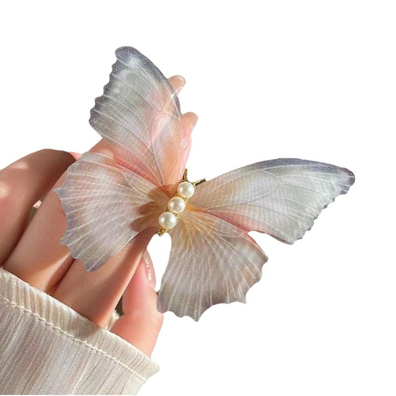 Ethereal and dynamic chiffon butterfly hair clips for women taking photos, forest-themed retro high-end side clips, pearl elegant hair accessories wholesale, hair clips, hair accessories, headwear detail image 4