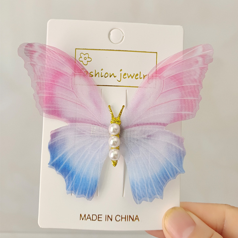 Ethereal and dynamic chiffon butterfly hair clips for women taking photos, forest-themed retro high-end side clips, pearl elegant hair accessories wholesale, hair clips, hair accessories, headwear details Picture
