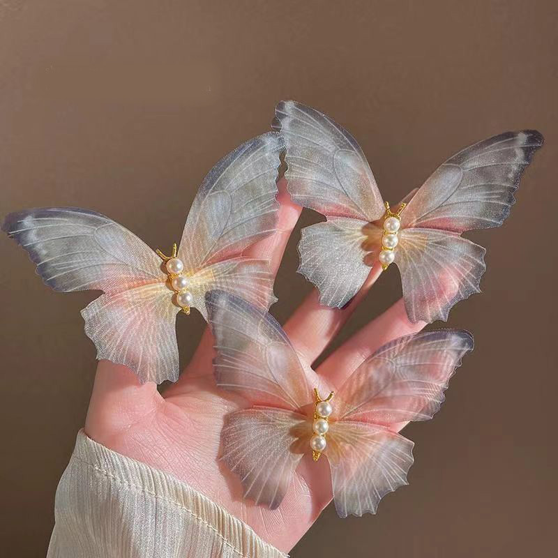 Ethereal and dynamic chiffon butterfly hair clips for women taking photos, forest-themed retro high-end side clips, pearl elegant hair accessories wholesale, hair clips, hair accessories, headwear detail image 5