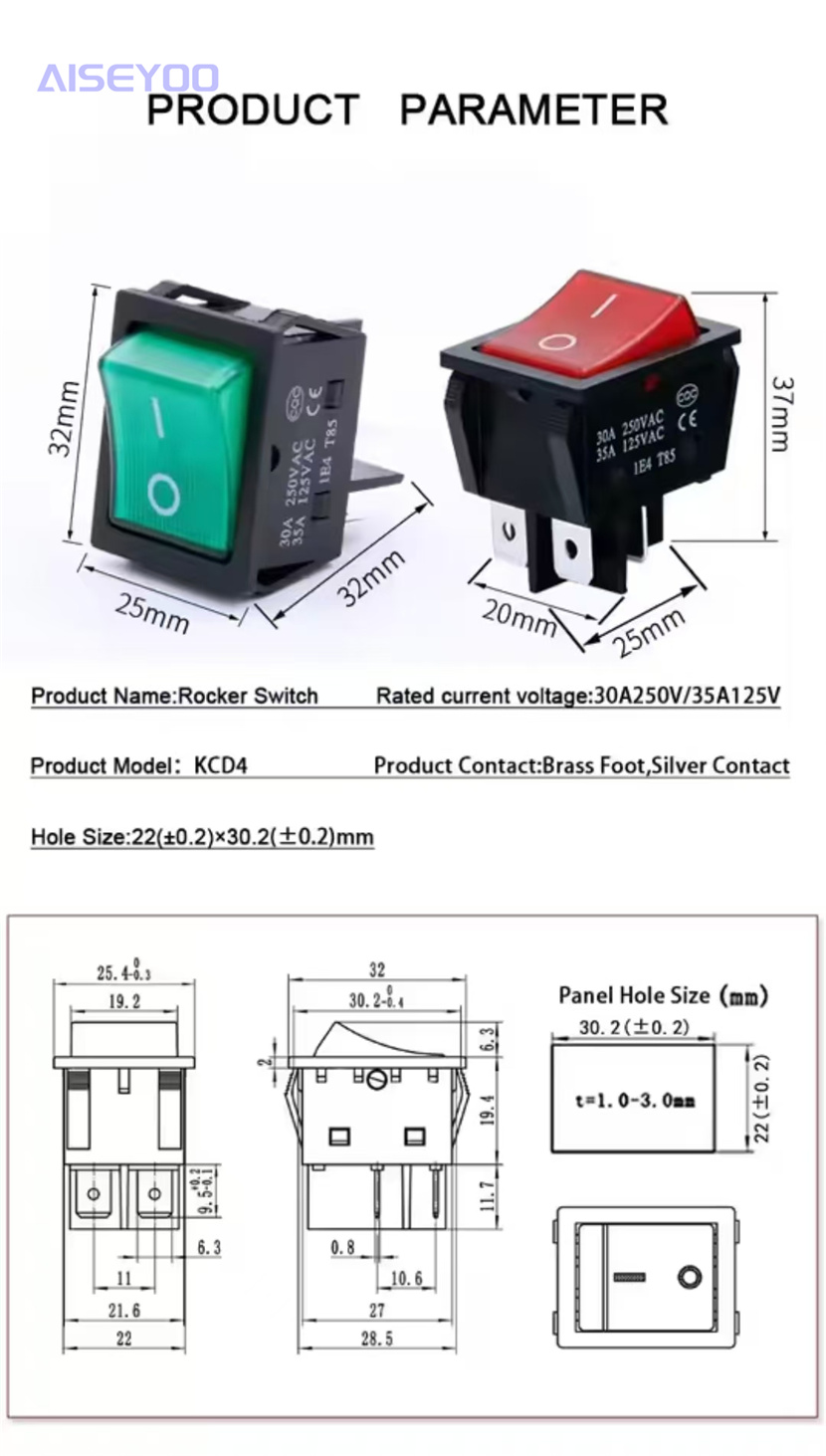 KCD4船型开关大电流40A 250V船型开关KCD4四脚二档六脚二档带灯 大功率电焊机开关麻将机开关 详情3