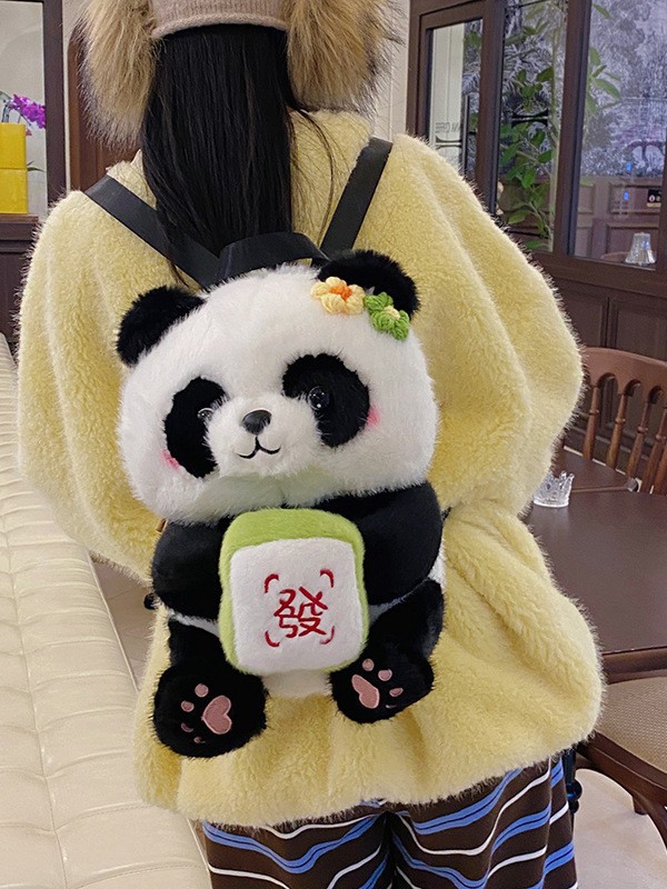 可爱熊猫花花双肩包女卡通抱发财苹果毛绒包包轻便背包旅游小背包细节图