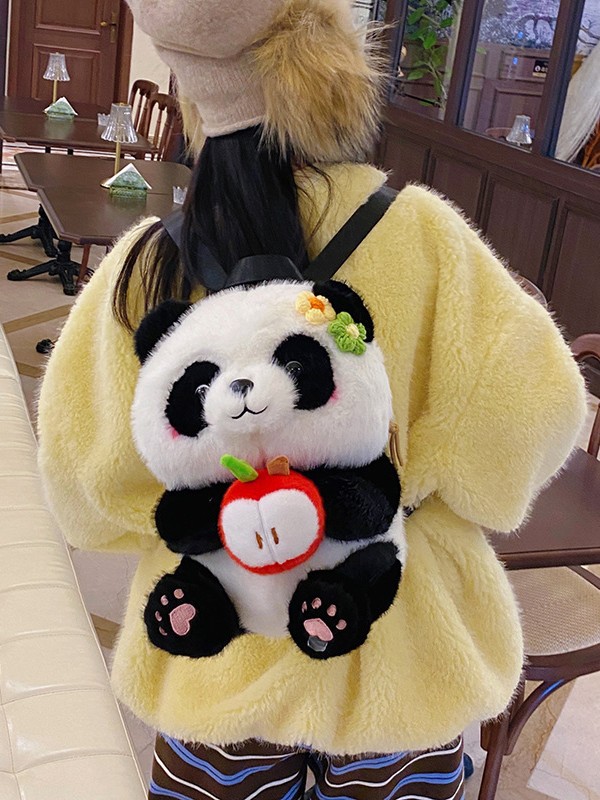 可爱熊猫花花双肩包女卡通抱发财苹果毛绒包包轻便背包旅游小背包产品图