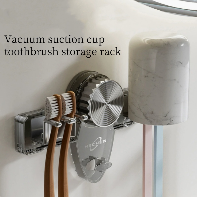 牙刷置物架真空吸盘可移动免打孔卫生间浴室收纳漱口杯壁挂式防滑固定家庭置物架支架带挂钩浴室简约收纳夹可移动牙刷架详情2