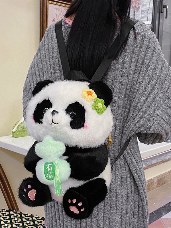 可爱熊猫花花双肩包女卡通抱发财苹果毛绒包包轻便背包旅游小背包详情图8