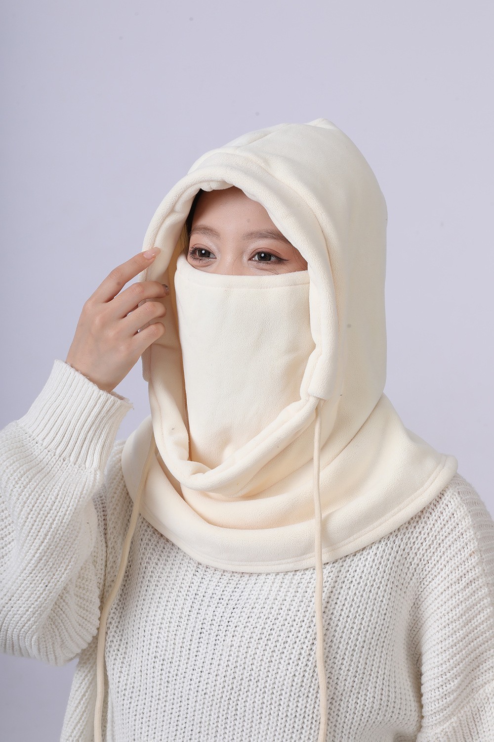 防风帽男女户外骑行口罩护颈防寒保暖一体加绒护脸套头白底实物图