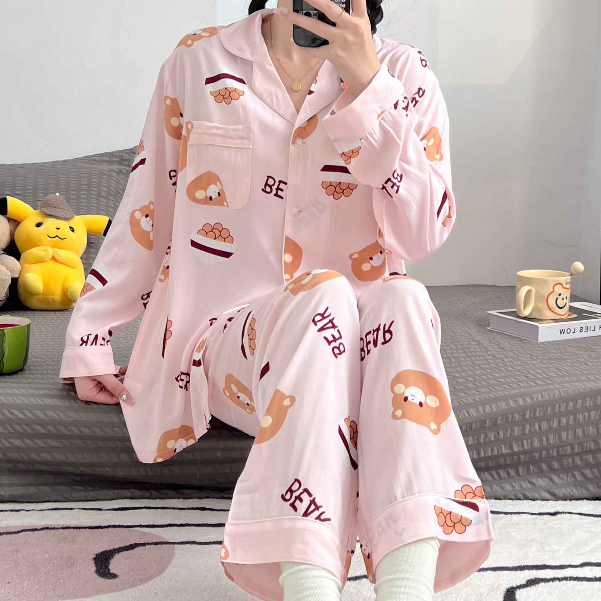 New cotton and silk pajamas for women, casual, light and comfortable, sweet and cute Korean style, Internet celebrity style, can be worn outside as a home wear set, 2025 new style 5254