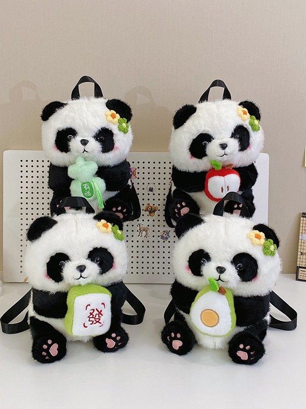 可爱熊猫花花双肩包女卡通抱发财苹果毛绒包包轻便背包旅游小背包详情图2