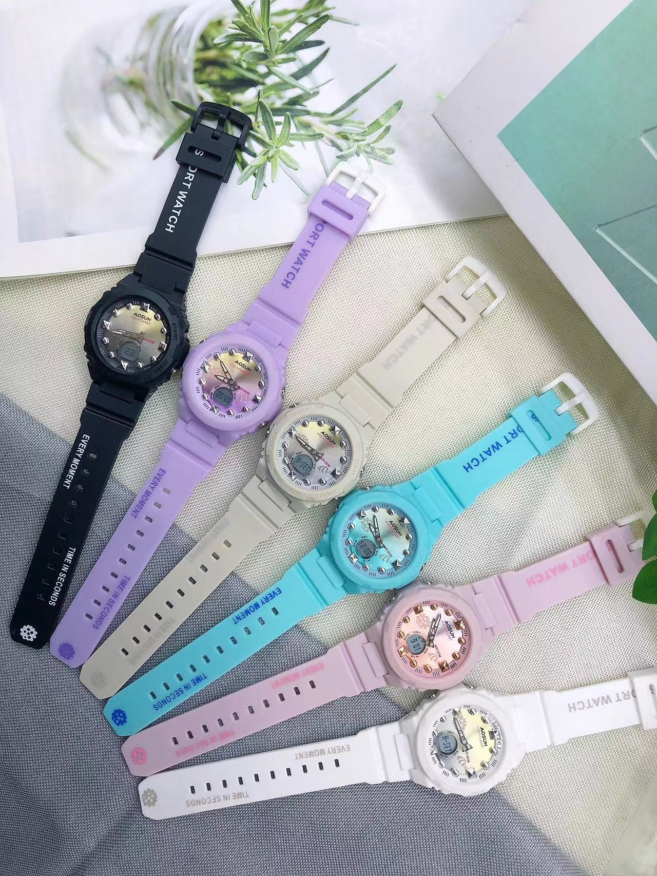 AOSUN缤纷双显时尚指针ins风夜光男女青少年学生电子手表