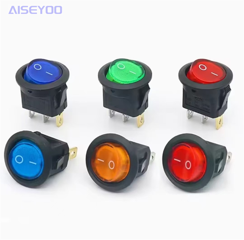 Top round, bottom round, illuminated, circular boat-shaped switch 12V/20A, three-pin with LED, two-position, three-pin, pusher switch, circular switch button, three-pin, two-position, small thumb switch