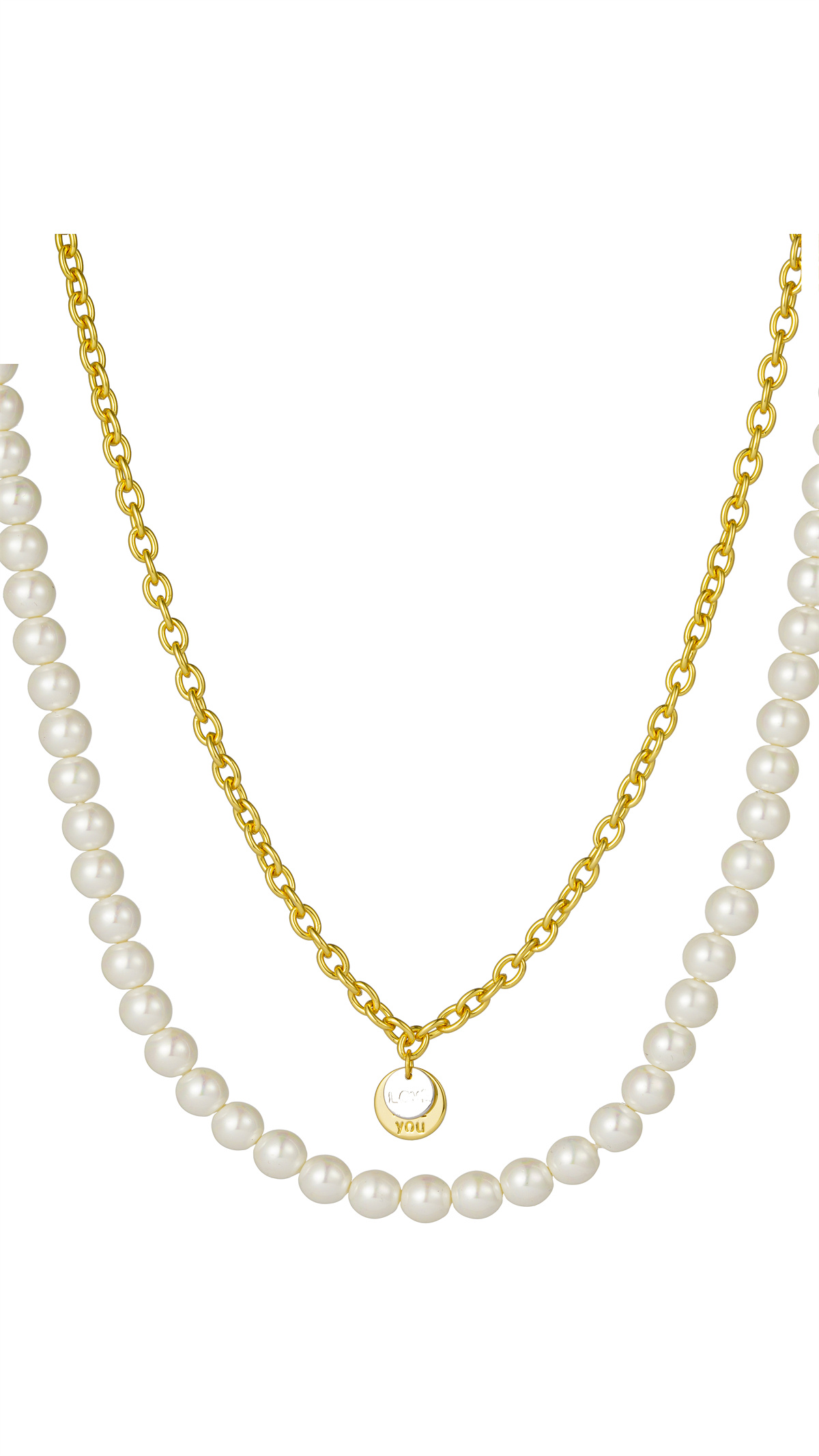 Sweet and elegant pearl necklace, simple and individual round pendant two-piece necklace Specification image