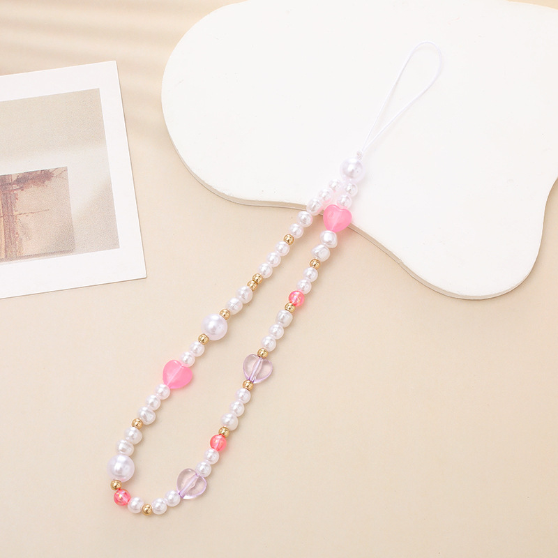 Hot-selling internet-famous beaded heart-shaped mobile phone chain, anti-loss and anti-drop phone case diy pearl pendant, short mobile phone detail image 14
