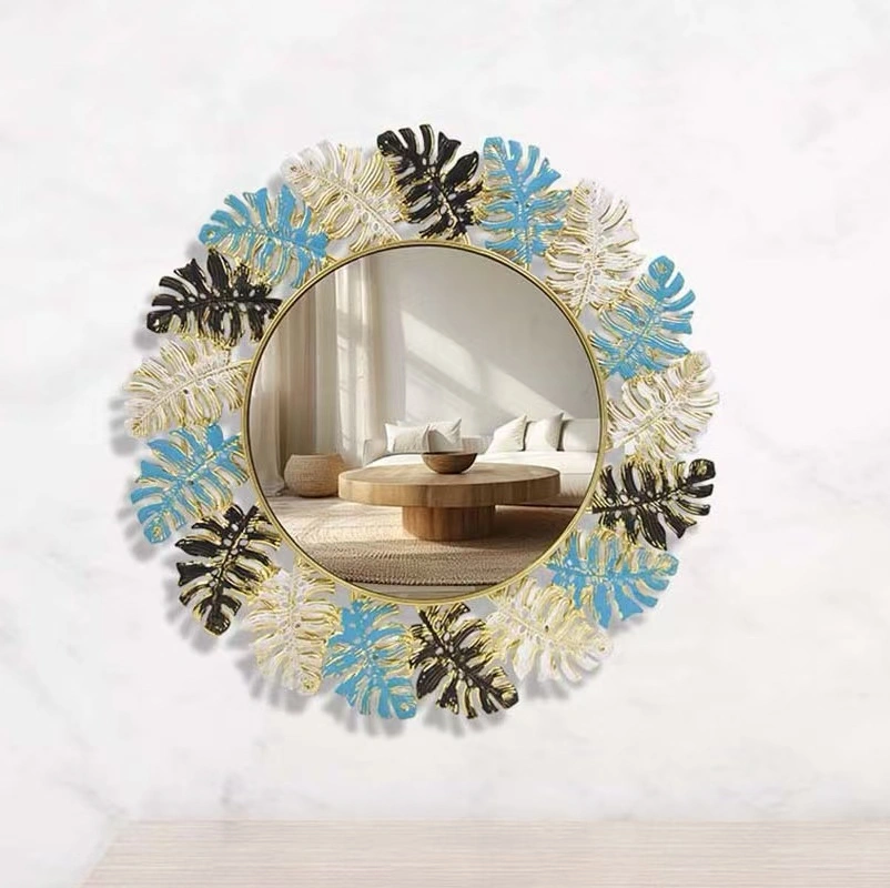 Foreign trade iron art mirror, wall-mounted classical butterfly round mirror, bedroom personalized makeup mirror, wall background wall decorative mirror detail image 2