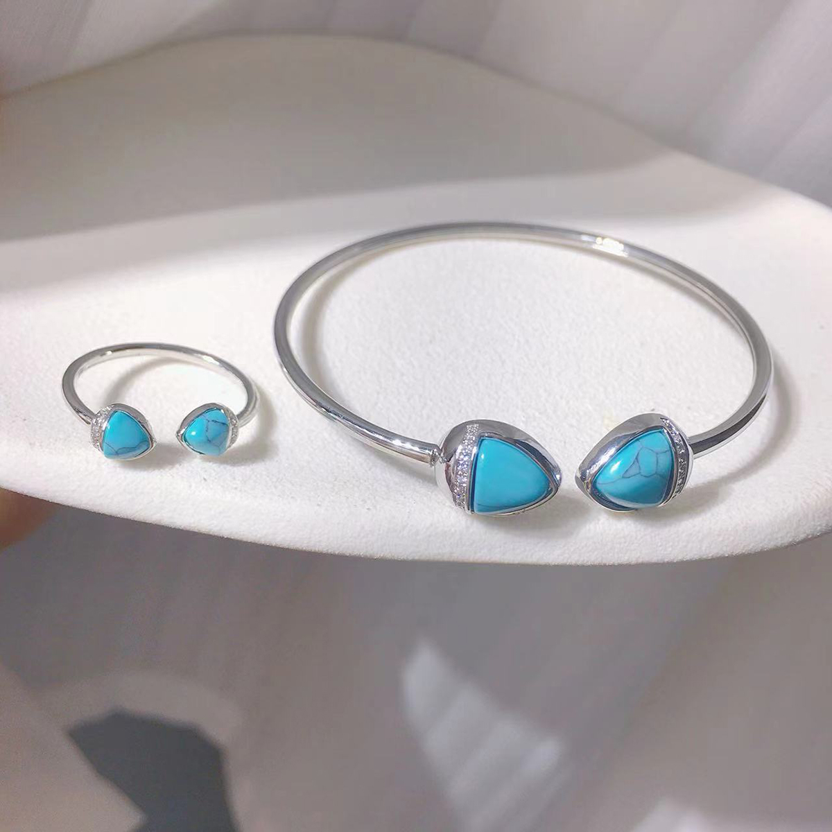 2025新款2件套时尚甜美绿色蓝色绿松石新娘手镯戒指珠宝套装女孩订婚开口手镯戒指节日校园生日情人节结婚礼物