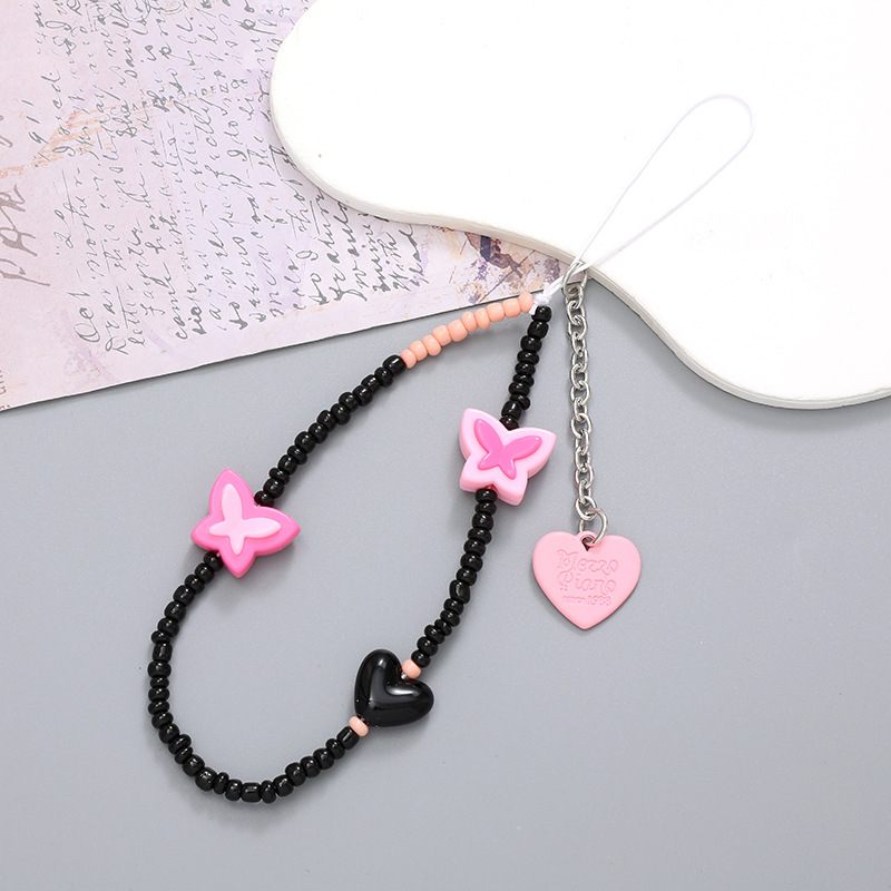 Hot-selling internet-famous beaded heart-shaped mobile phone chain, anti-loss and anti-drop phone case diy pearl pendant, short mobile phone details Picture