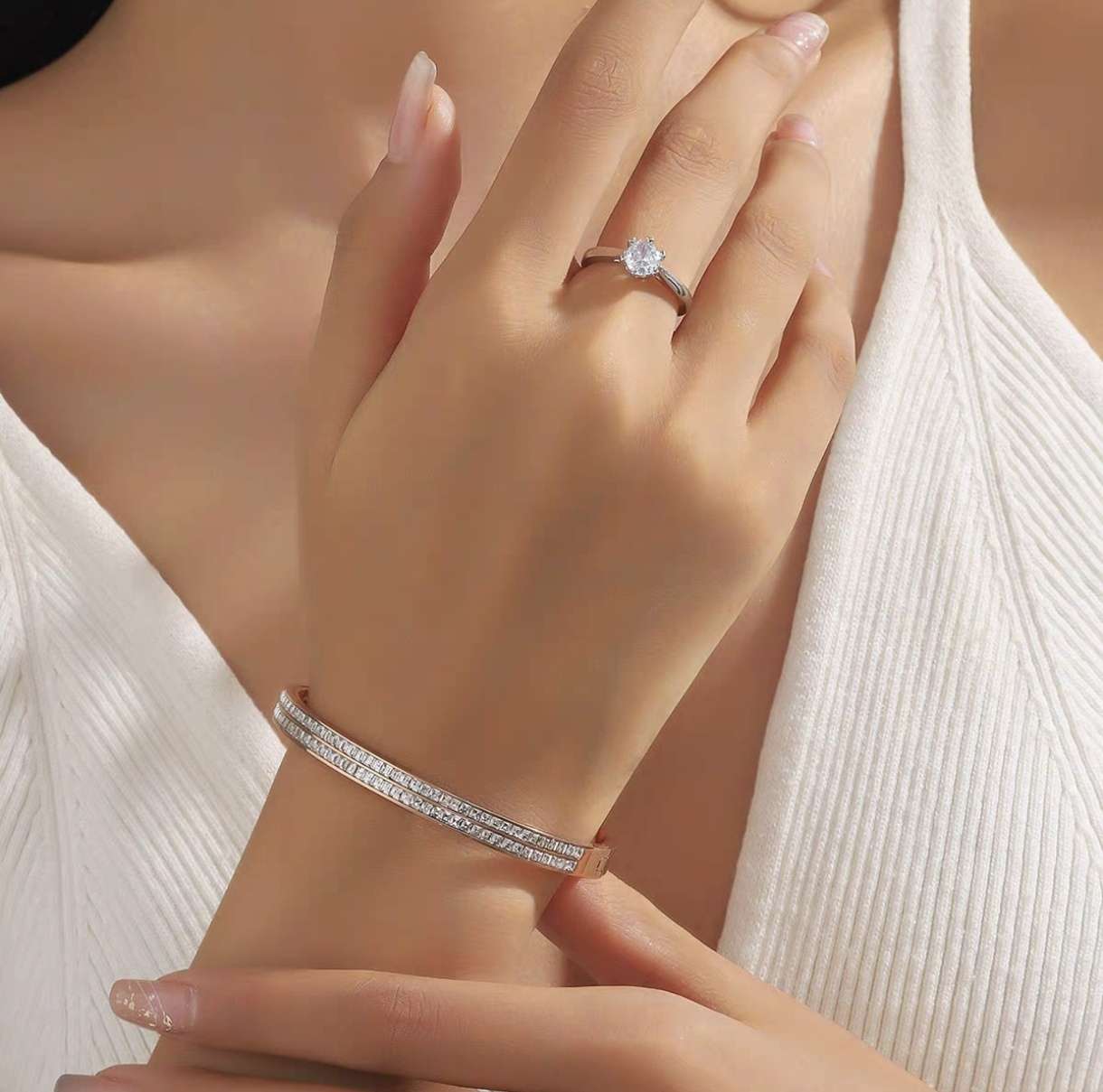 This is a new fashion bracelet for women, featuring a starry sky with double rows of diamonds. It is a simple and elegant stainless steel jewelry with a retro European and American style Item Picture