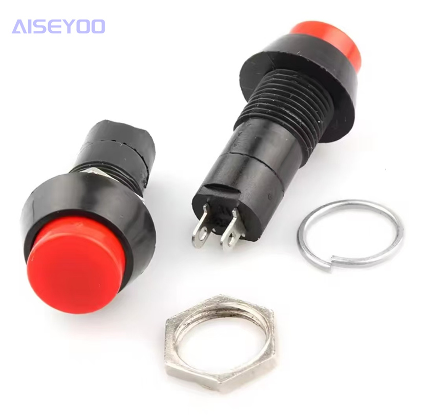 The PS-11A /11B push-button switch features red, green, yellow, white, blue and black heads. It is a self-locking/lock-free push-button device. The start button is circular and self-locking. The push-button switch has a small installation hole of 12MM Specification image