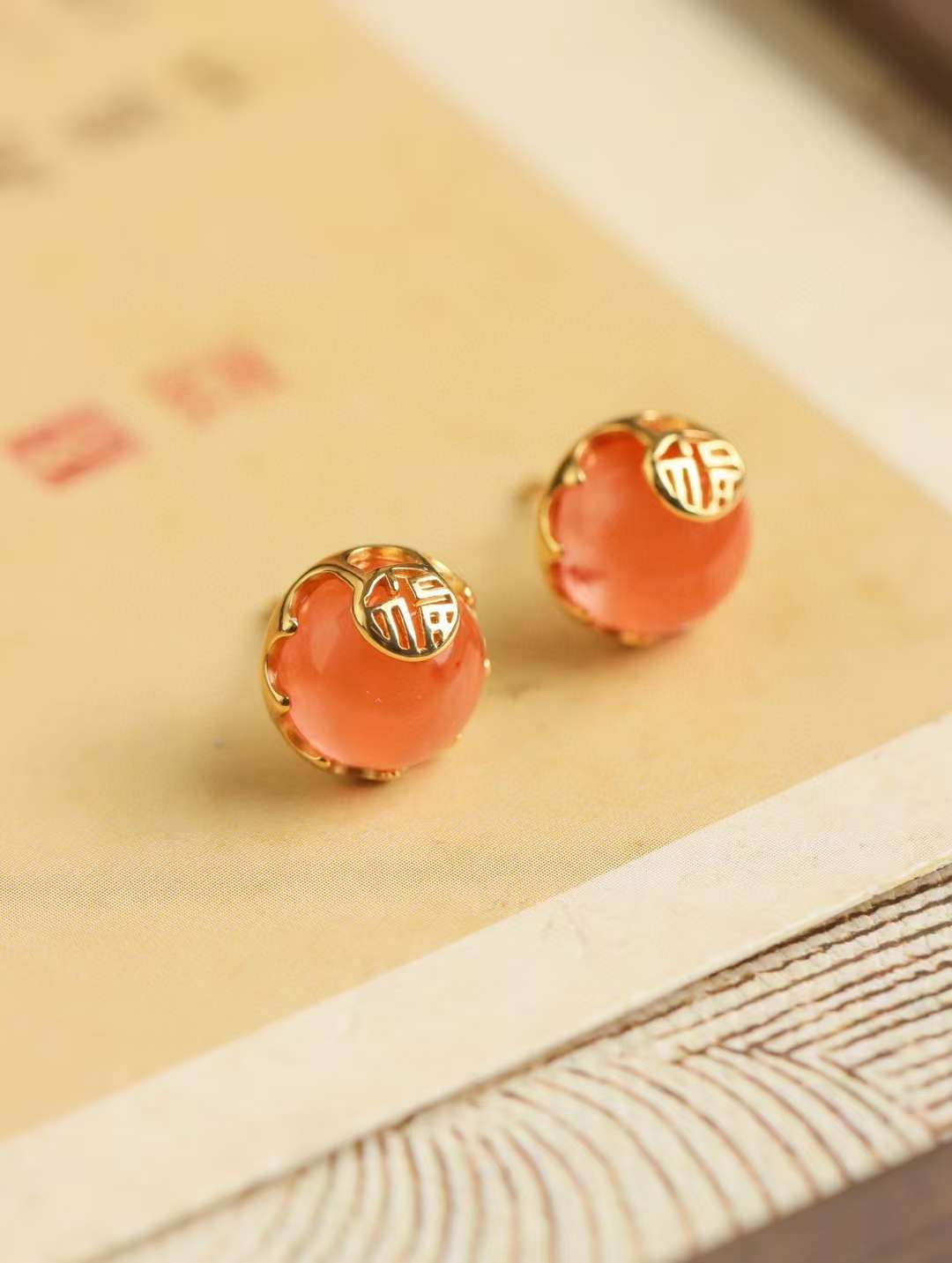 思兰银饰 925银金南红耳钉 高级感饰品 独特设计耳环 简约时尚耳饰 优雅女士福字耳环详情图5