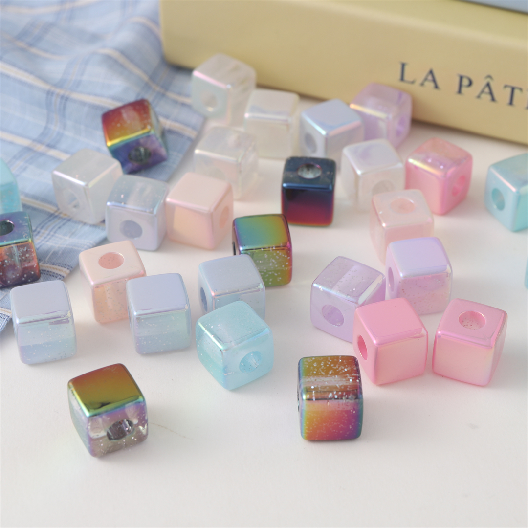 陈明亚克力充粉奶油UV镀彩14mm方块珠子直孔珠发饰头饰配件散珠详情2