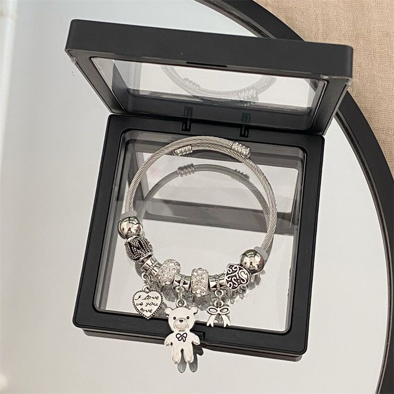 潘多拉不锈钢水钻桃心小熊diy串珠手镯女百搭气质小众时尚ins手饰细节图