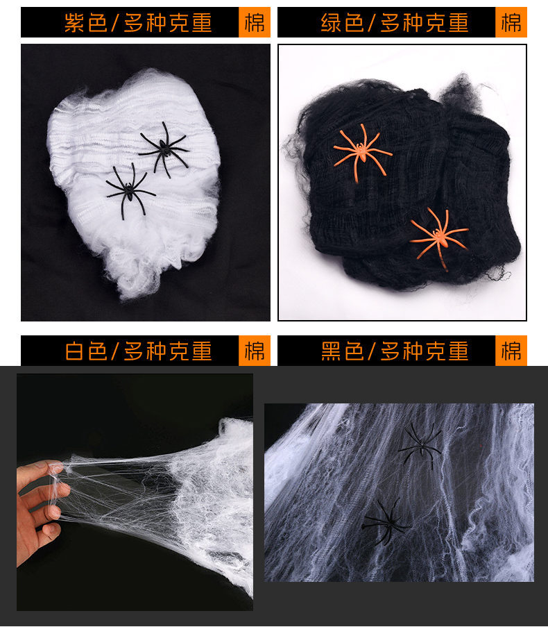 万圣节蜘蛛丝道具鬼屋场景用品恐怖气氛道具带小蜘蛛多色易撕扯白棉户外庭院拓展布置详情5