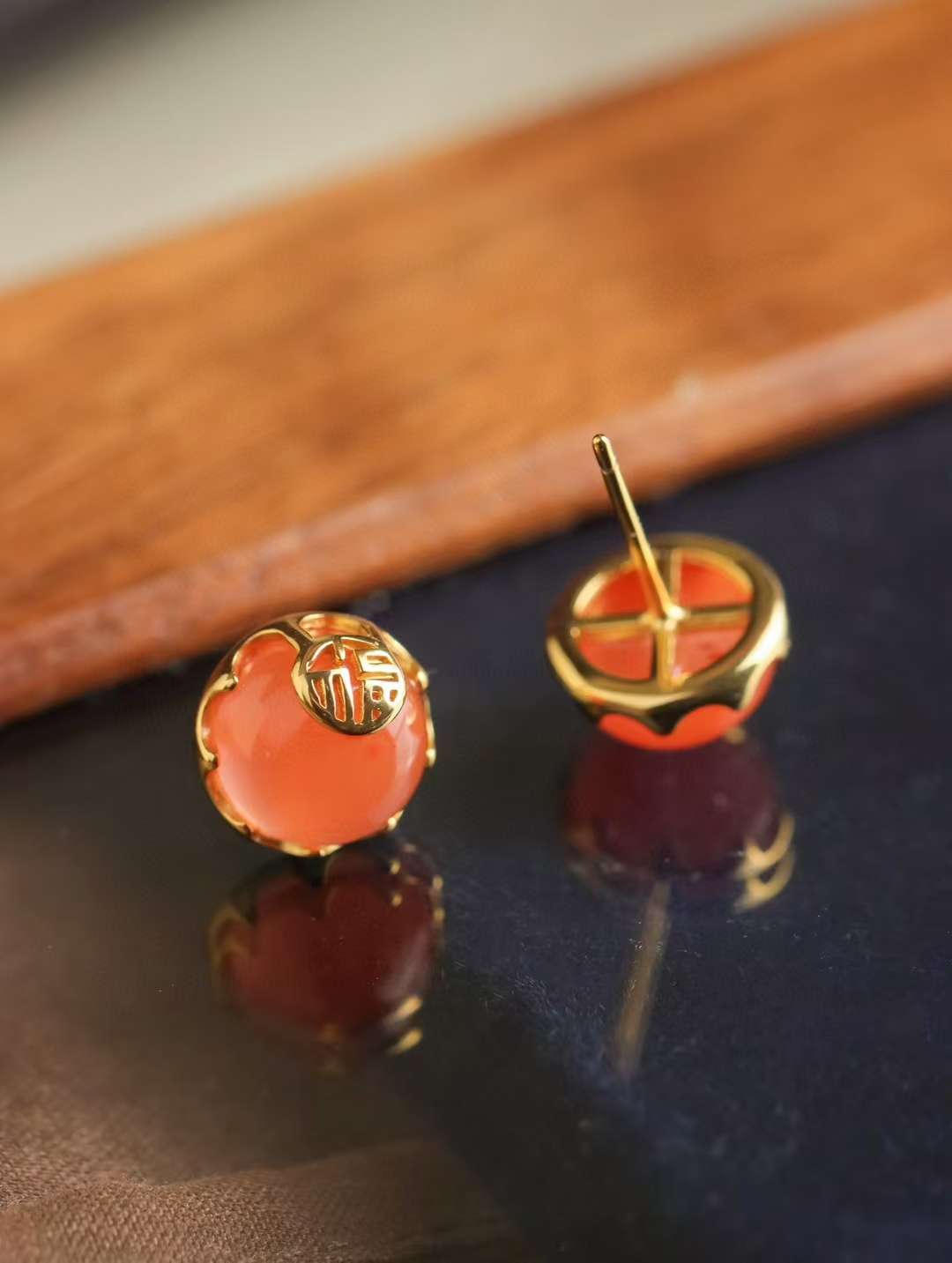 思兰银饰 925银金南红耳钉 高级感饰品 独特设计耳环 简约时尚耳饰 优雅女士福字耳环详情图4