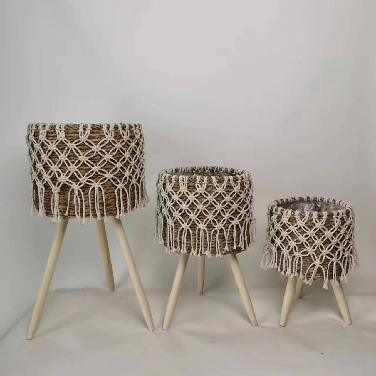 编织花盆套编织篮仿藤编织篮手工篮子三脚木腿花盆套三浙江义乌