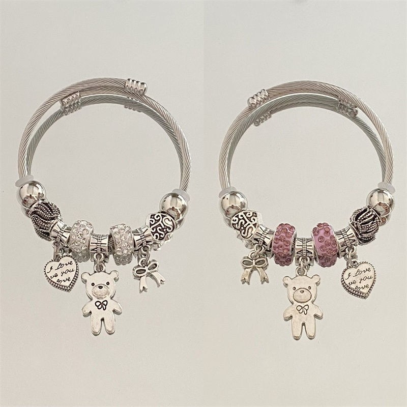 潘多拉不锈钢水钻桃心小熊diy串珠手镯女百搭气质小众时尚ins手饰详情图3