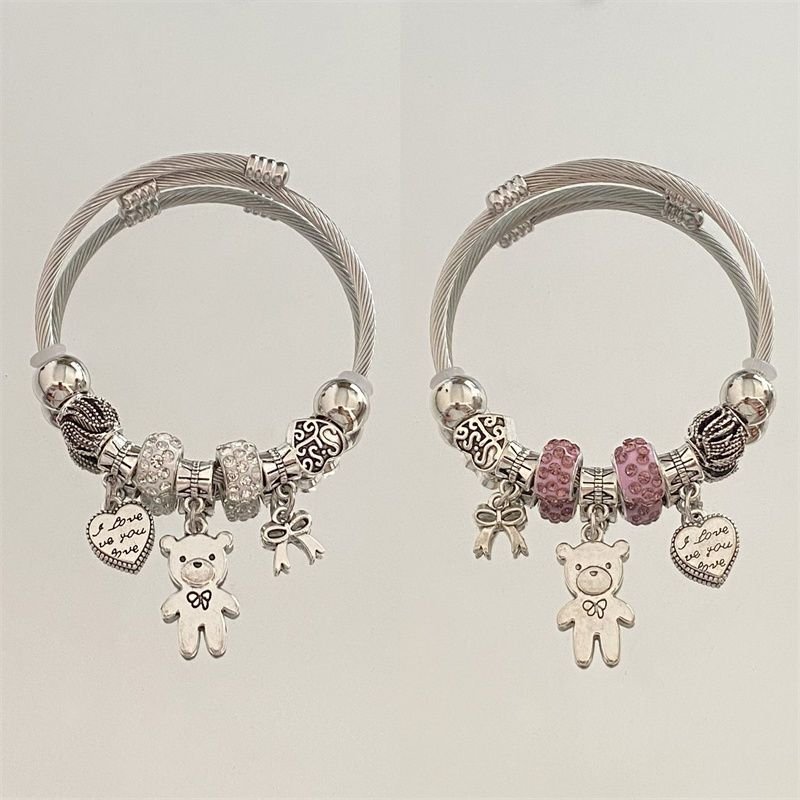 潘多拉不锈钢水钻桃心小熊diy串珠手镯女百搭气质小众时尚ins手饰产品图