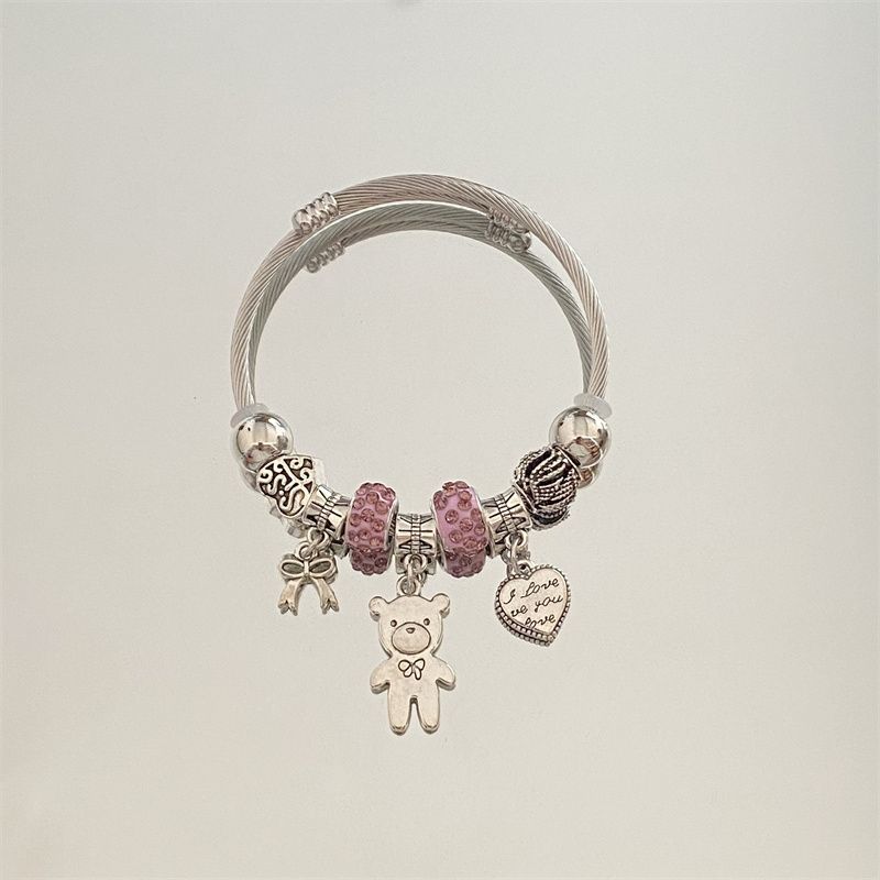 潘多拉不锈钢水钻桃心小熊diy串珠手镯女百搭气质小众时尚ins手饰详情图4